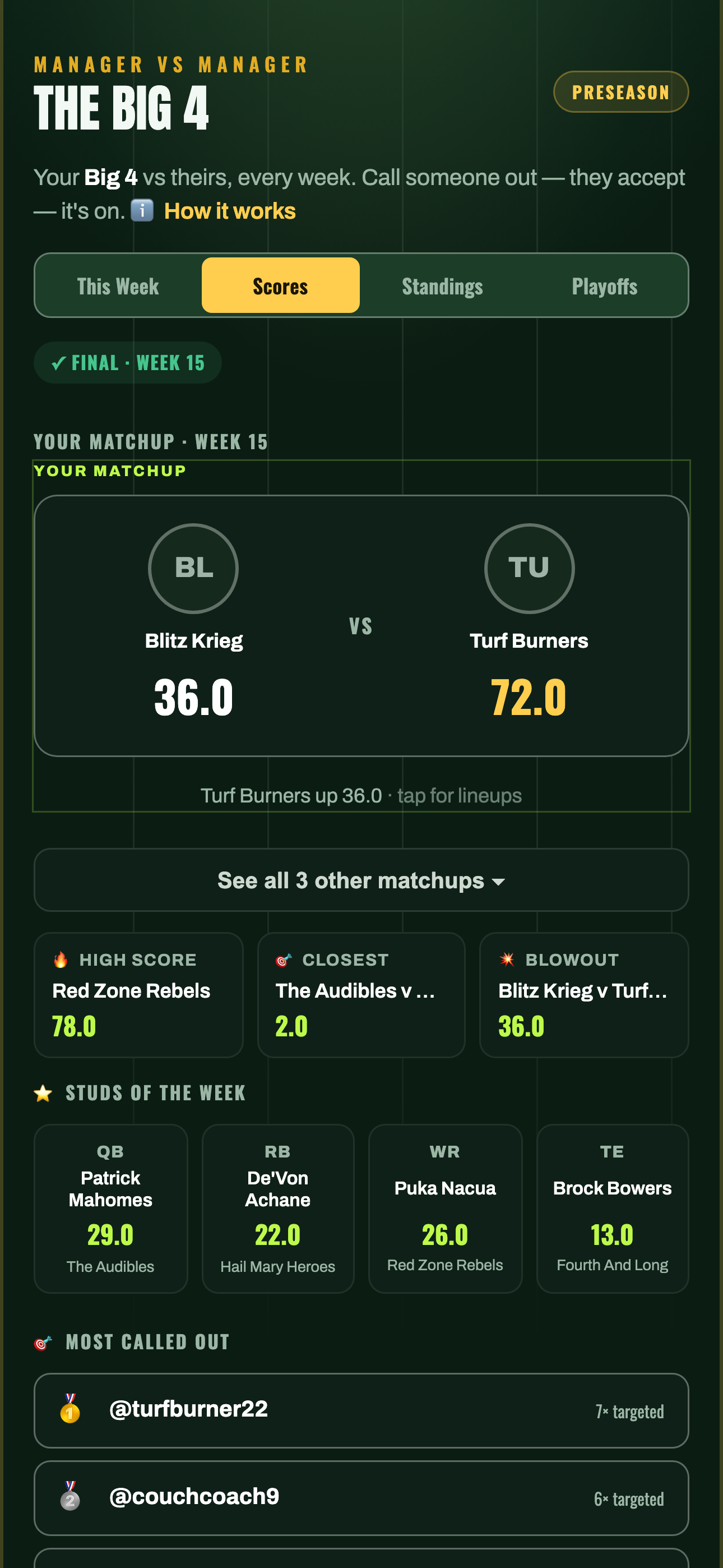 Live league scoreboard — your matchup plus every other game