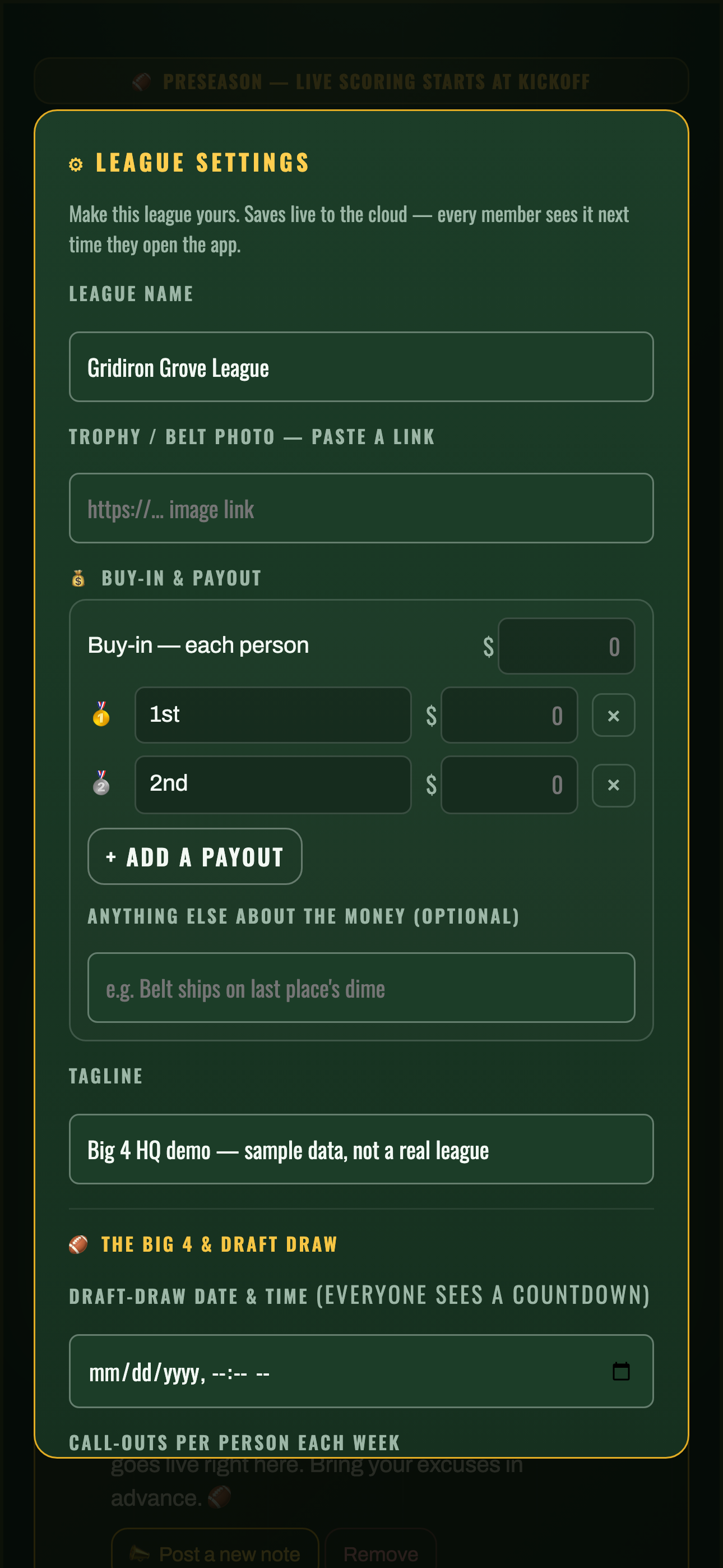 League settings — buy-in, payouts and how the draft odds work